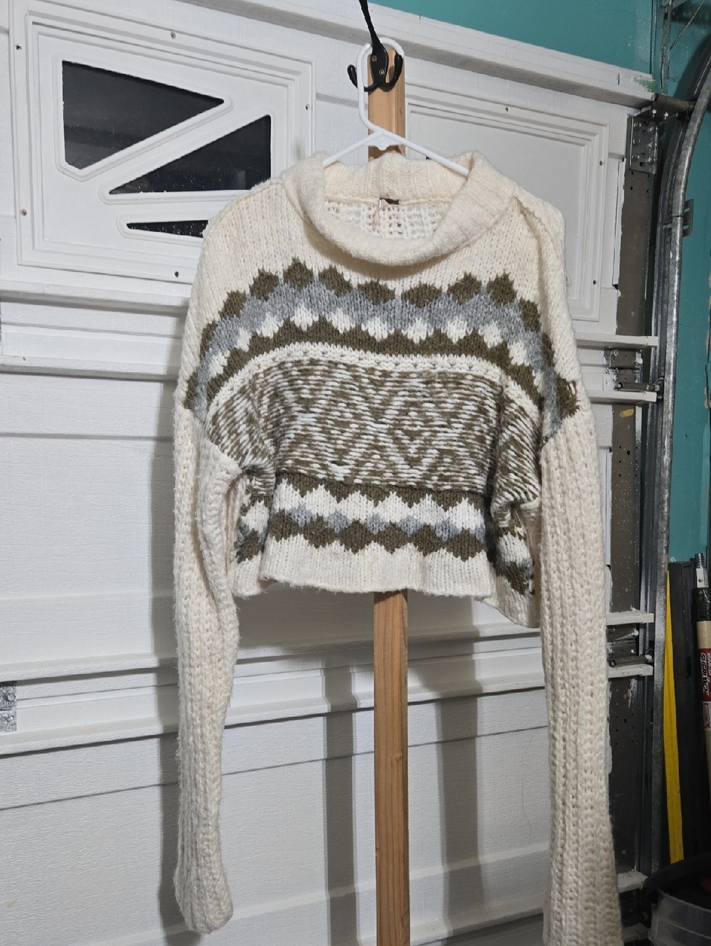 Free People Ivory Fair Isle Cropped Turtleneck Sweater